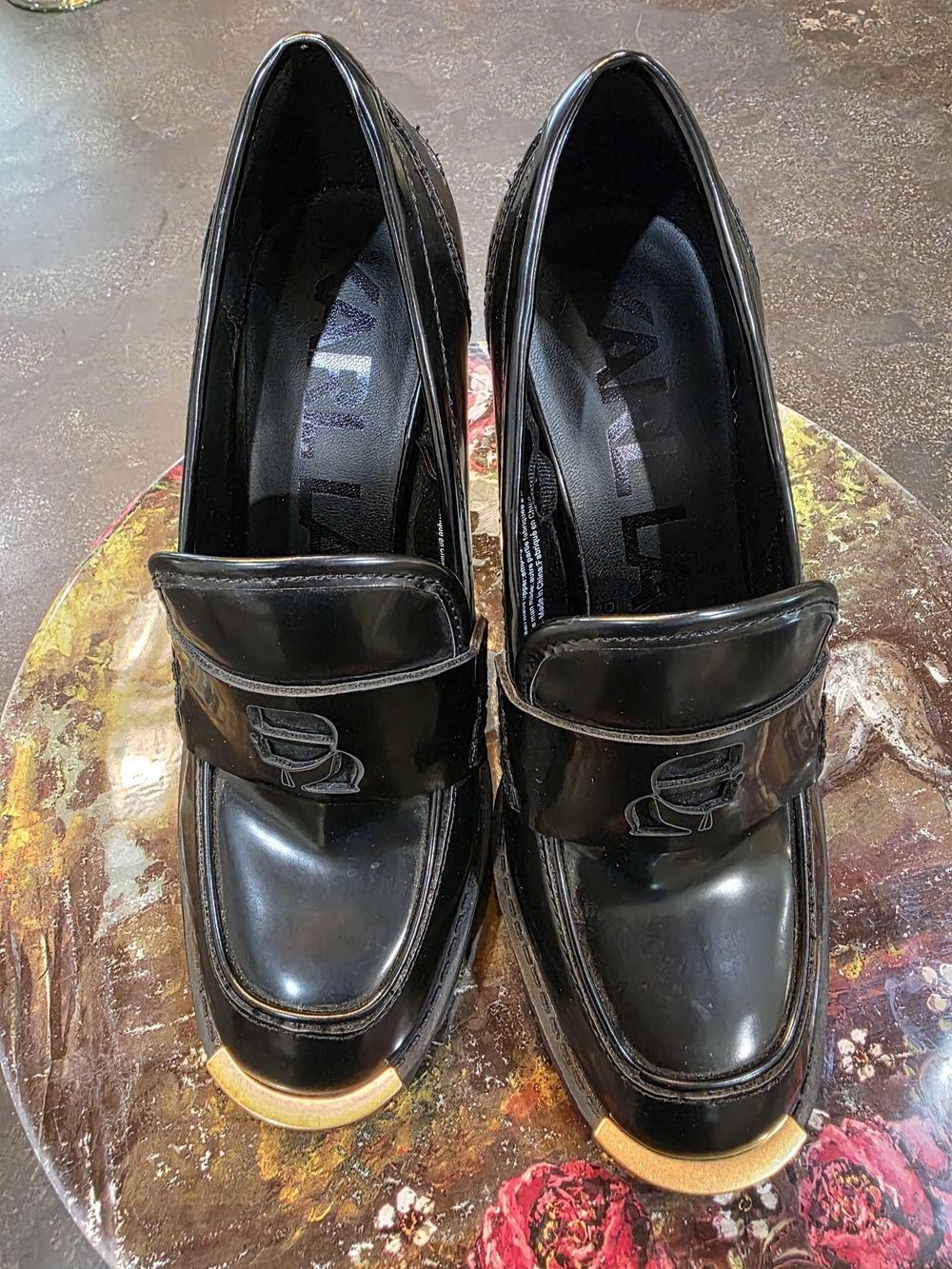 Karl Lagerfeld Black Faux Patent Leather Loafers with Brass Toe Caps